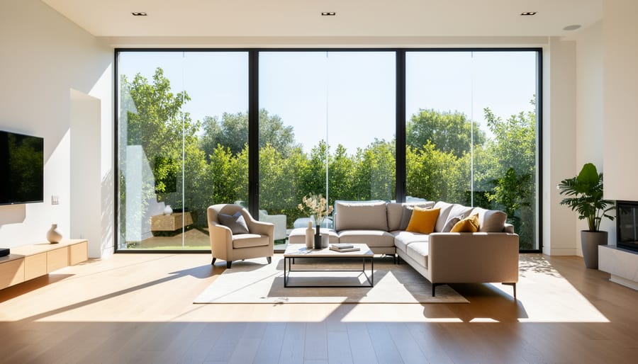 Bright living room with sunlight streaming through a clean window, creating a fresh airy atmosphere.