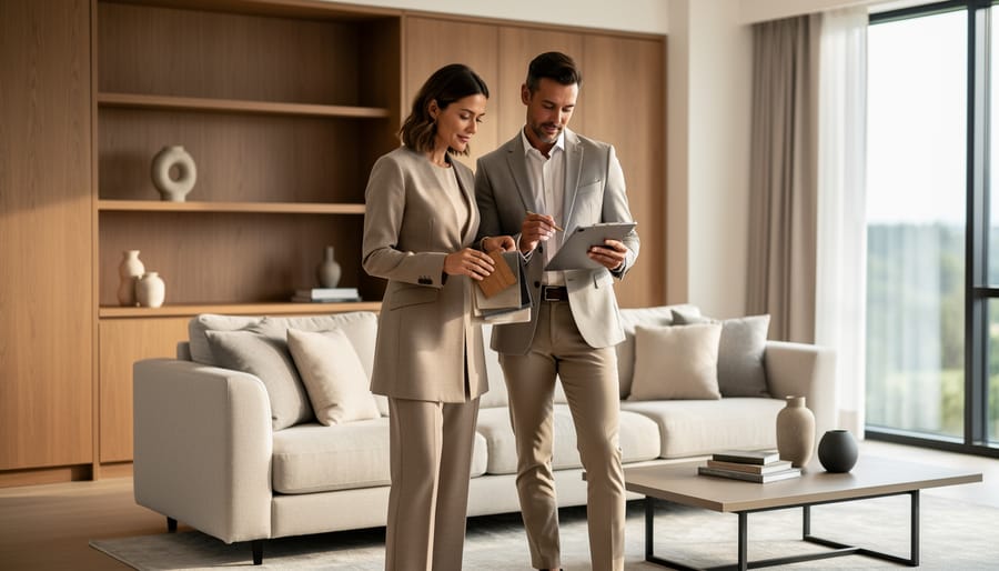 Interior designer and contractor collaboratively reviewing modern living room furnishings and materials in a bright, professional setting.