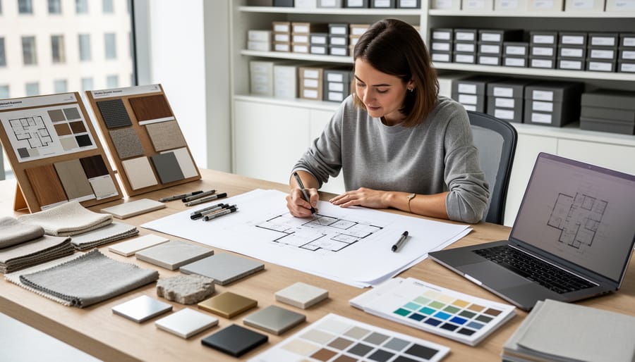 Interior designer’s hands sketching and reviewing a blank layout on a tablet near fabric and material samples