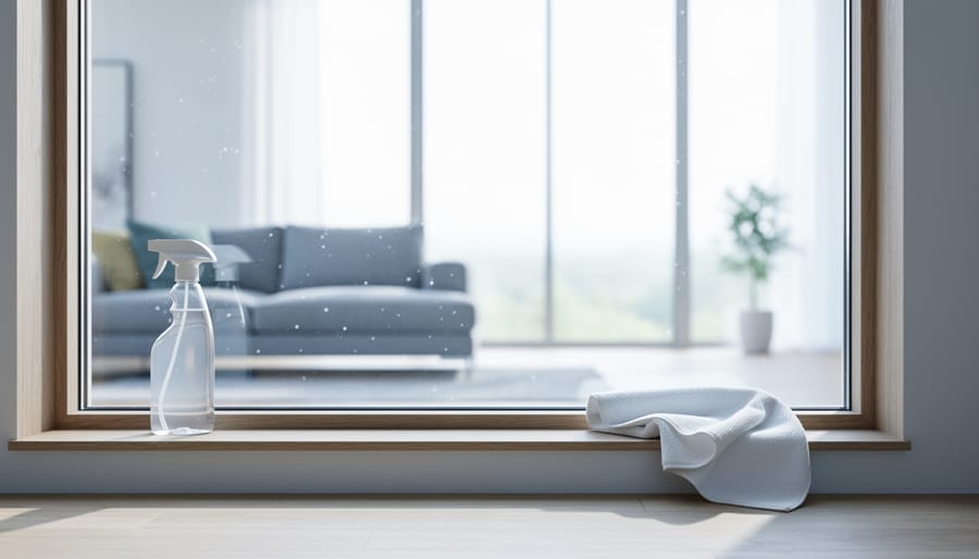Sunlight streams through a clean, streak-free window into a bright living room with a microfiber cloth placed near the window frame.