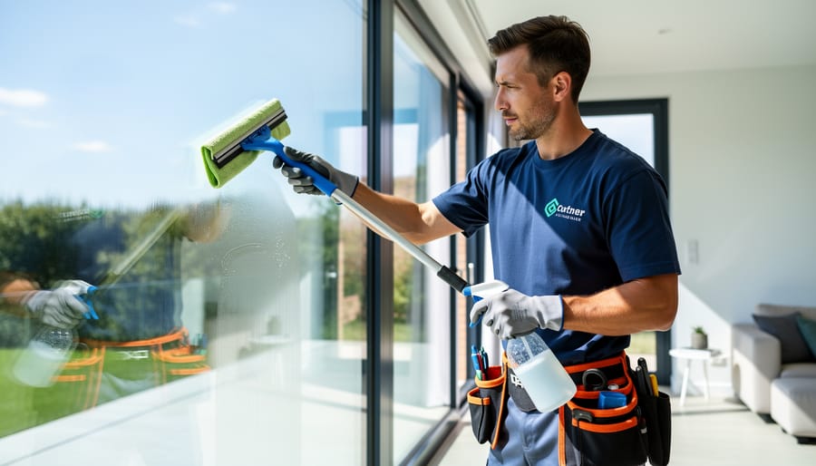 Person using a squeegee and microfiber cloth to clean an outdoor window in bright daylight.