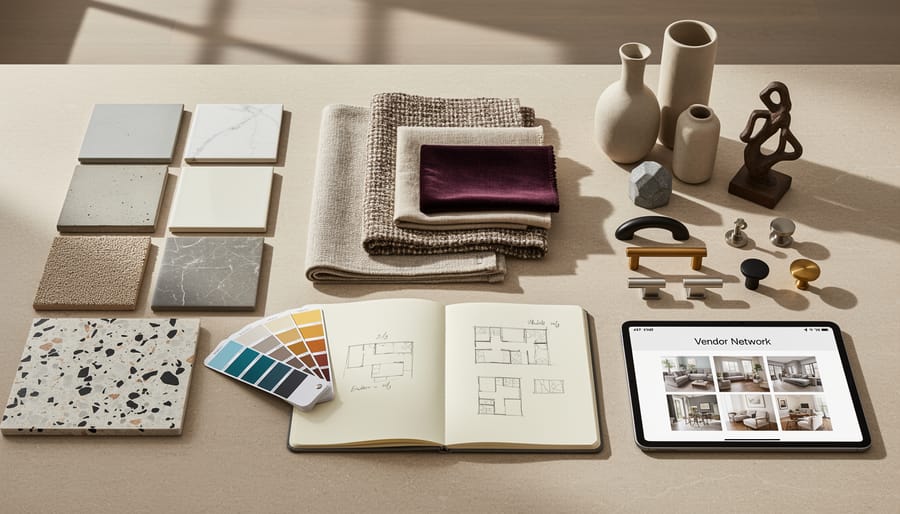 Curated materials on a showroom table including tile samples, fabric swatches, and ceramic pieces