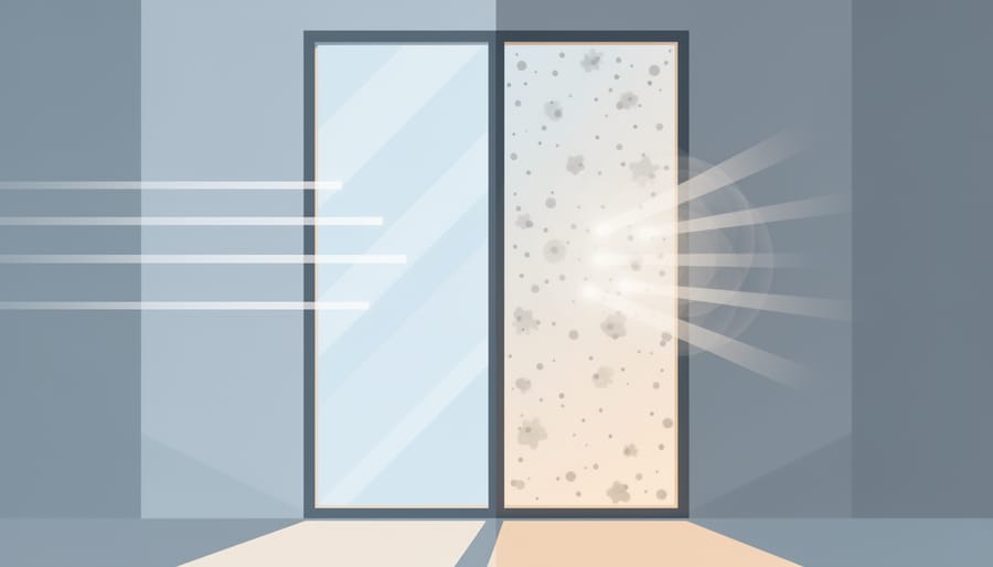 Close-up of window glass showing hazy grime and clearer polished area catching light differently.
